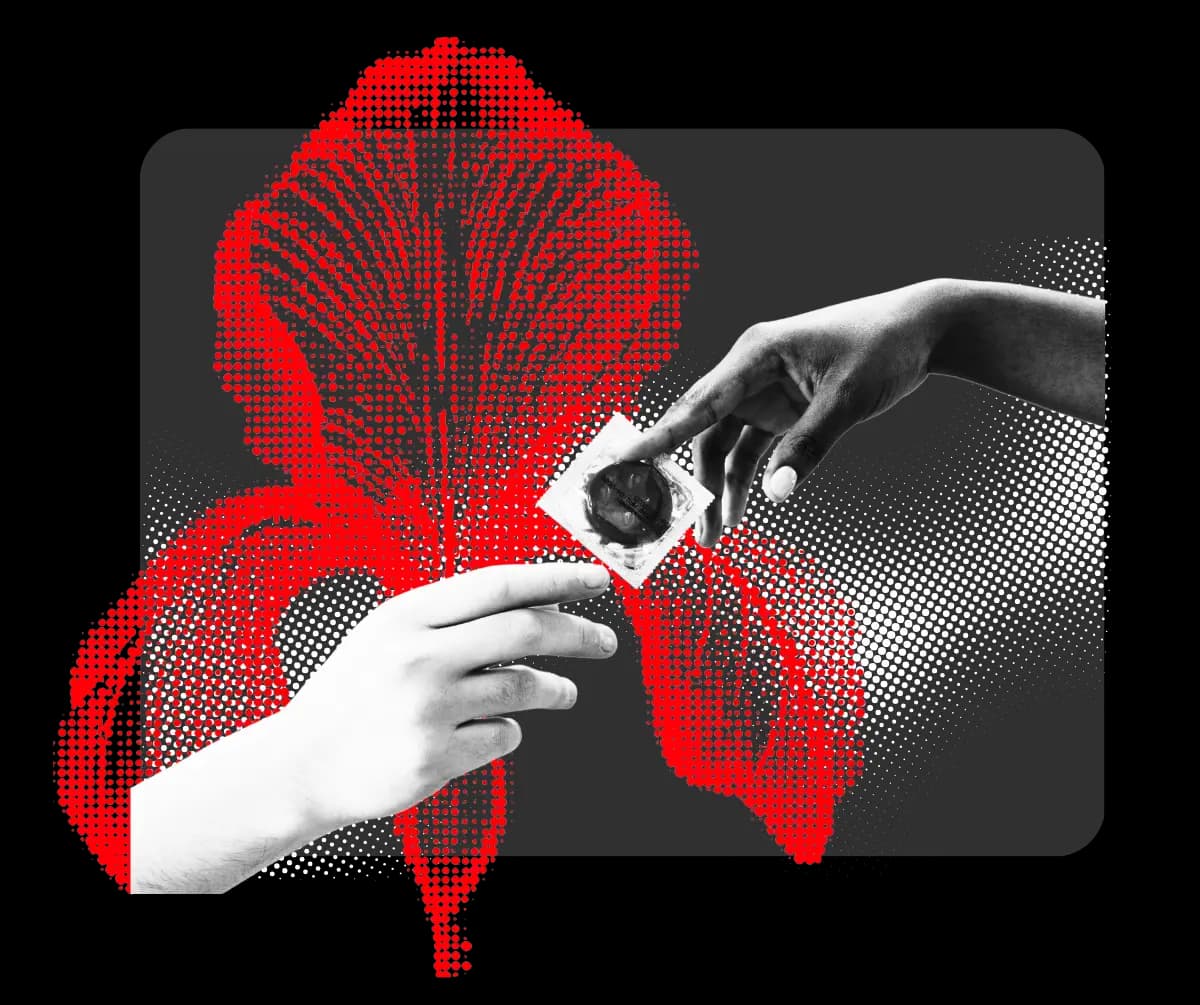 Illustration d'une main tendant un condom à une autre main, sur fond d'iris rouge en trame de points