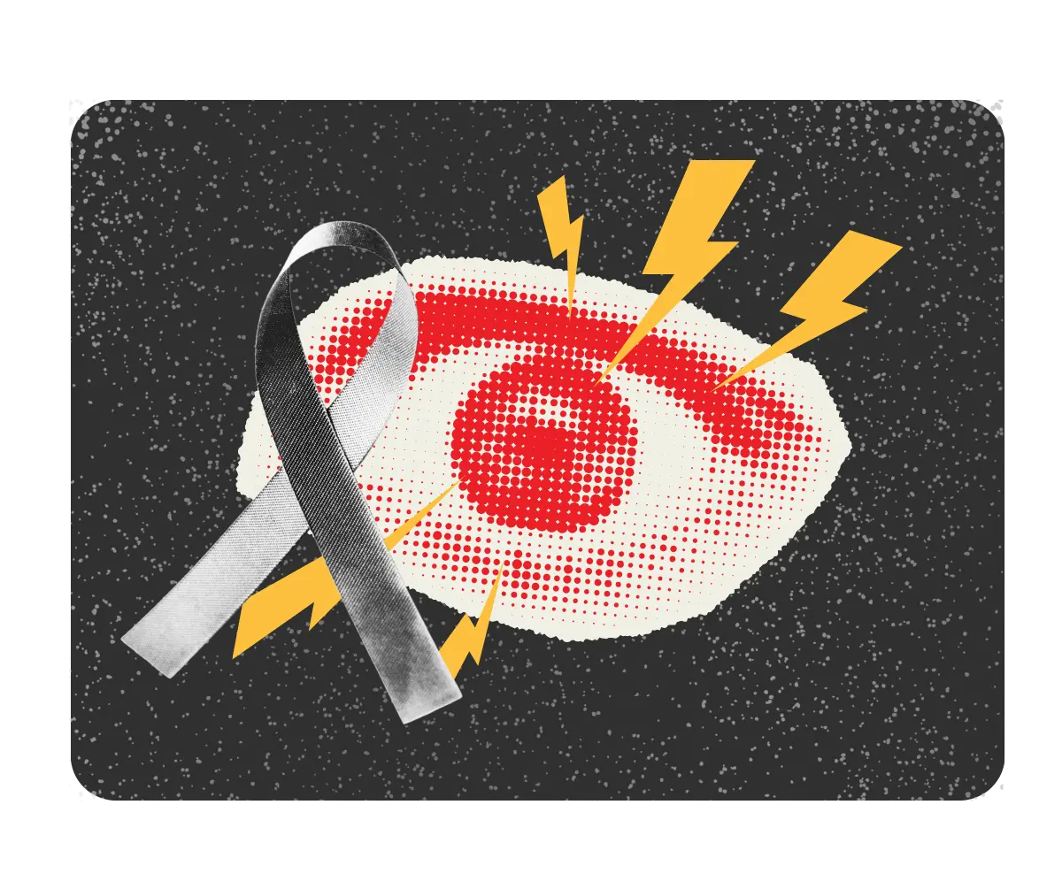 Illustration d'un ruban de sensibilisation devant un œil en trame de points rouge, entouré d'éclairs jaunes