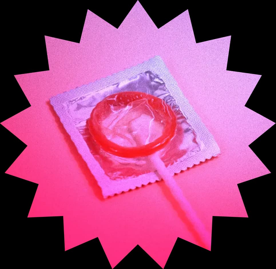 Illustration d’un condom emballé au centre d’une explosion rose